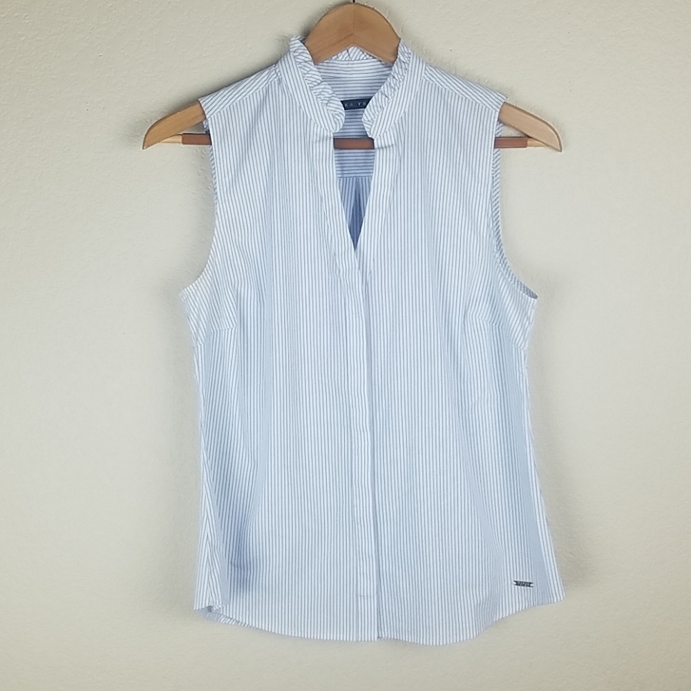 Ivanka Trump Sleeveless Light Blue Pinstripe Ruffled Collar Blouse